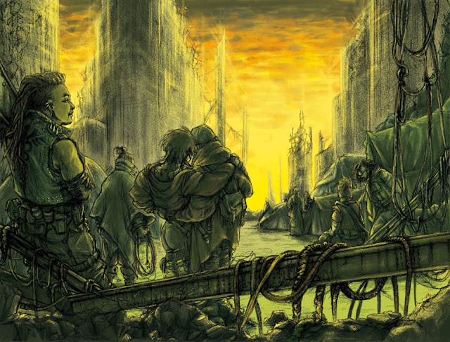 A yellow and green toned image with a collection of people gathered in a fallen city.