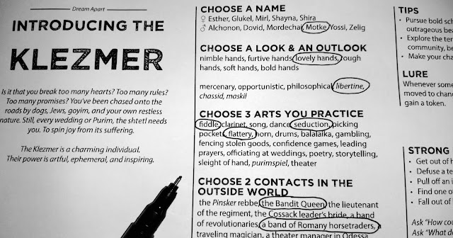 A sheet of paper labeled "Introducing the Klezmer" with various lists of options for players to choose from, some already circled.