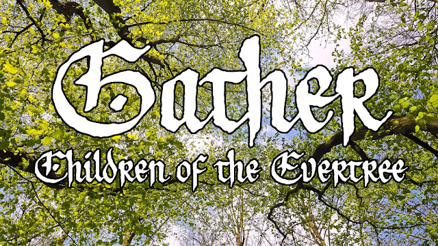 The words "Gather: Children of the Evertree" in white over an image of yellow-green leaves on dark brown trees, looking up through them into the blue sky.
