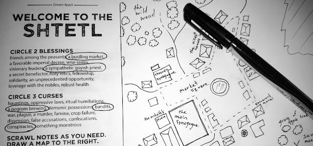 A sheet of paper labeled "Welcome to the Shtetl" with various lists of options for players to choose from, some already circled, and a map of the Shtetl..